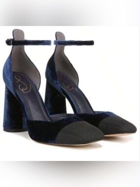 NIB Sam Edelman Cristine Velvet Ankle Strap Block Heels in Blue Black Size 9